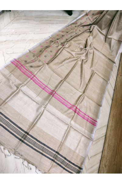 Tissue Cotton Saree With Weaving Polka Design Border And Stripes Pattern Pallu (KR1040)
